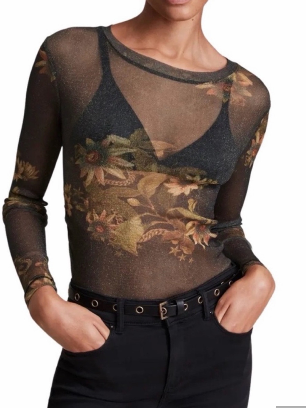 AllSaints Avifuana Francesco Sheer Floral Long-Sleeve Top Black and Olive Size 8